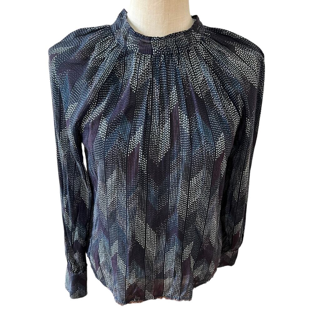 Bella Dahl High Neck Long Sleeve Soft Top Blue Dot Print